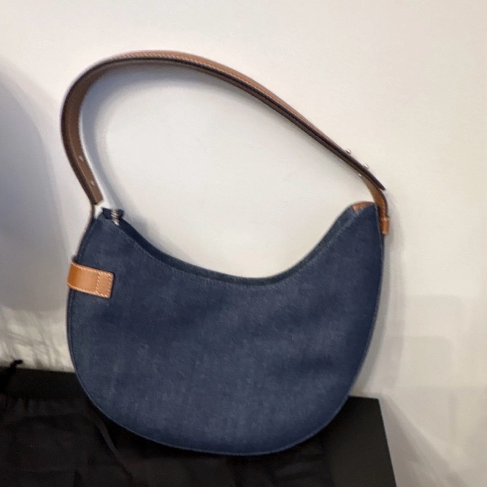 Lauren Ralph Lauren Denim Crescent Shoulder Bag with Tan Leather Trim - Picture 2 of 8